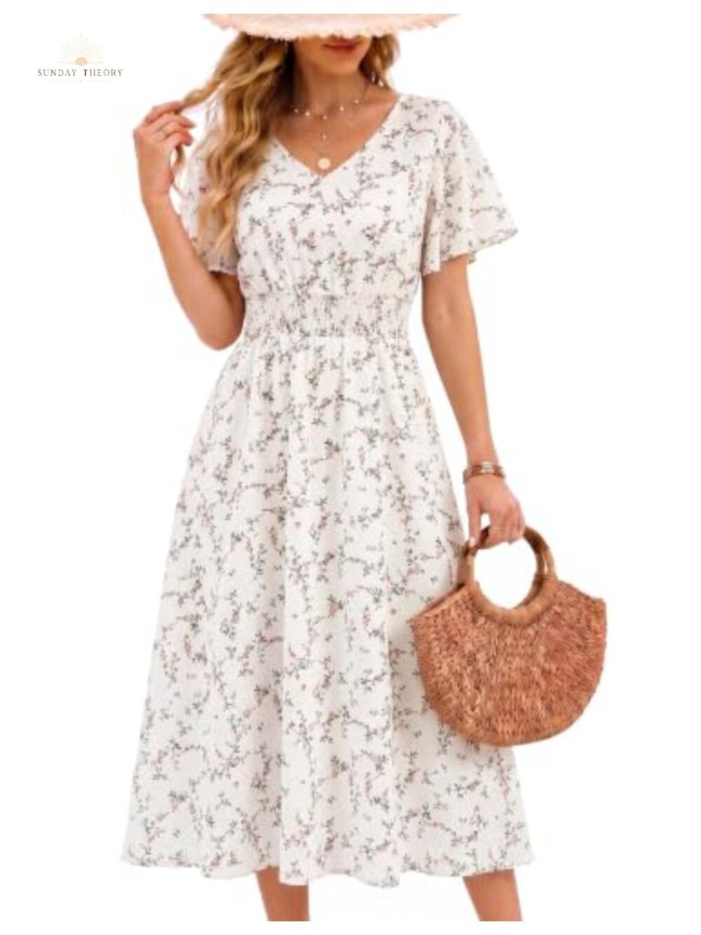 Boho Floral Midi Dress A-Line Short Flutter Sleeve High Waist Summer